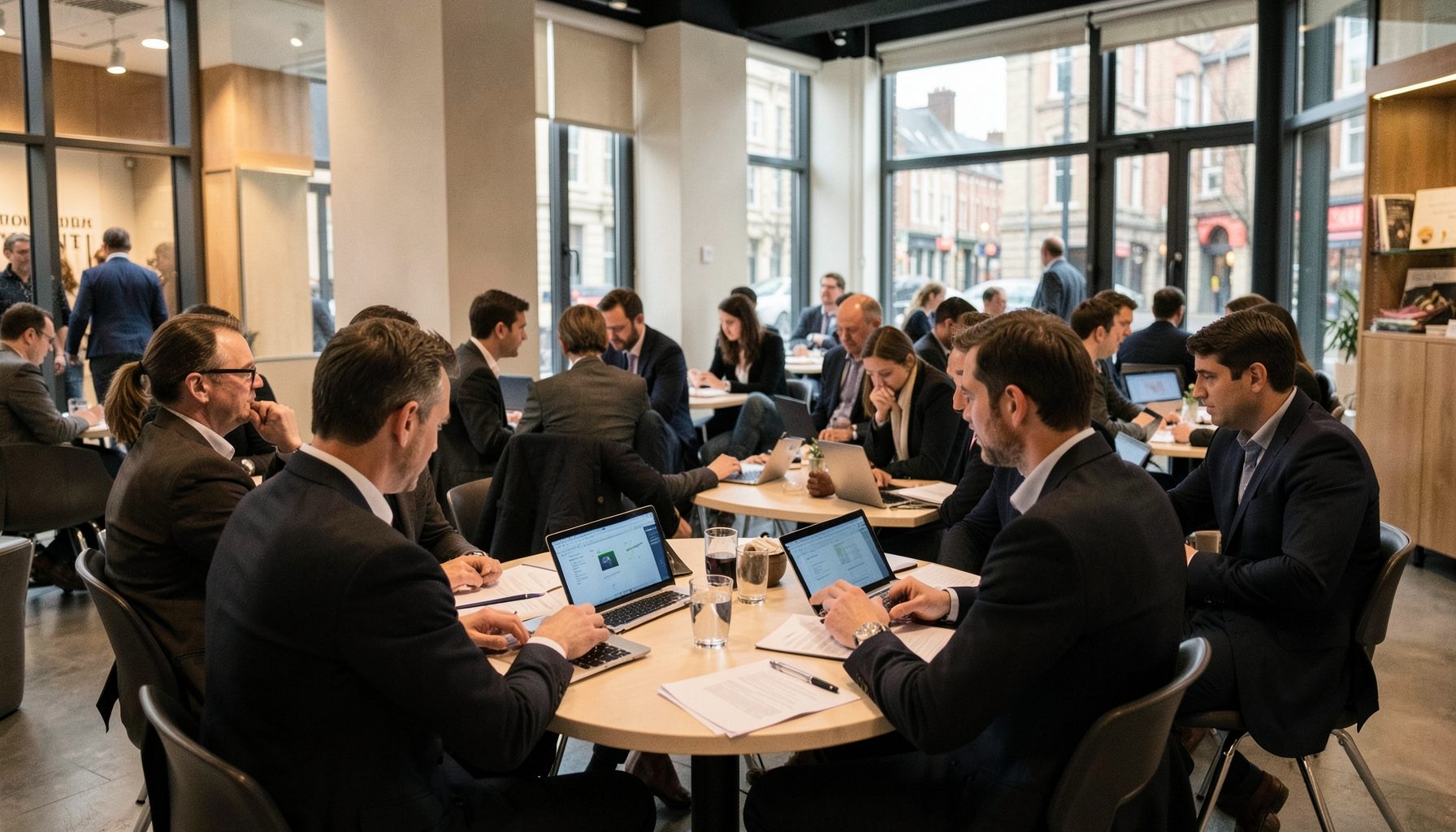 Small professional gathering in a modern London venue, people networking around tables with laptops and presentation materials, muted warm tones