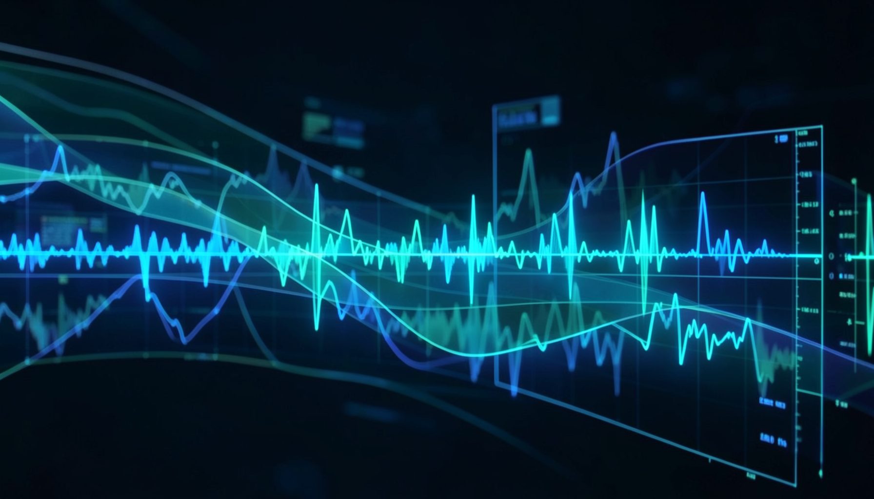 Abstract visualization of video frames flowing through a digital analysis pipeline with waveform overlays in blue and teal tones