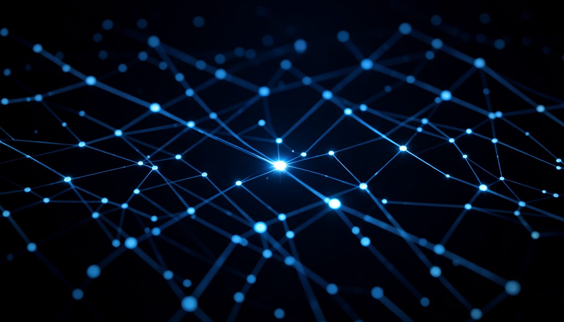 Abstract dark blue technology grid with glowing nodes, suggesting data processing and media analysis