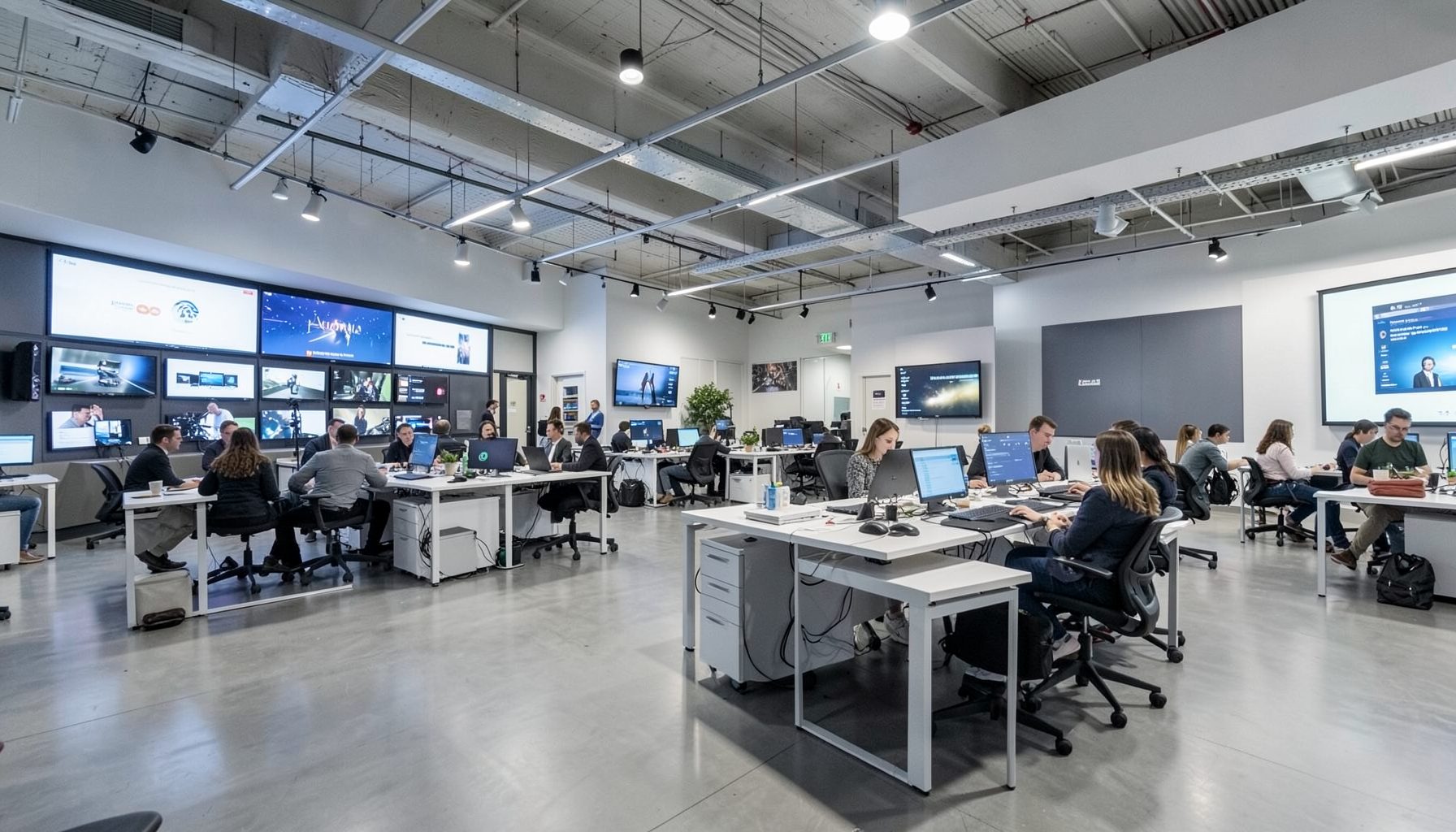 Innovation day event in a modern media facility, open-plan space with screens and collaborative workstations, cool grey and white interior