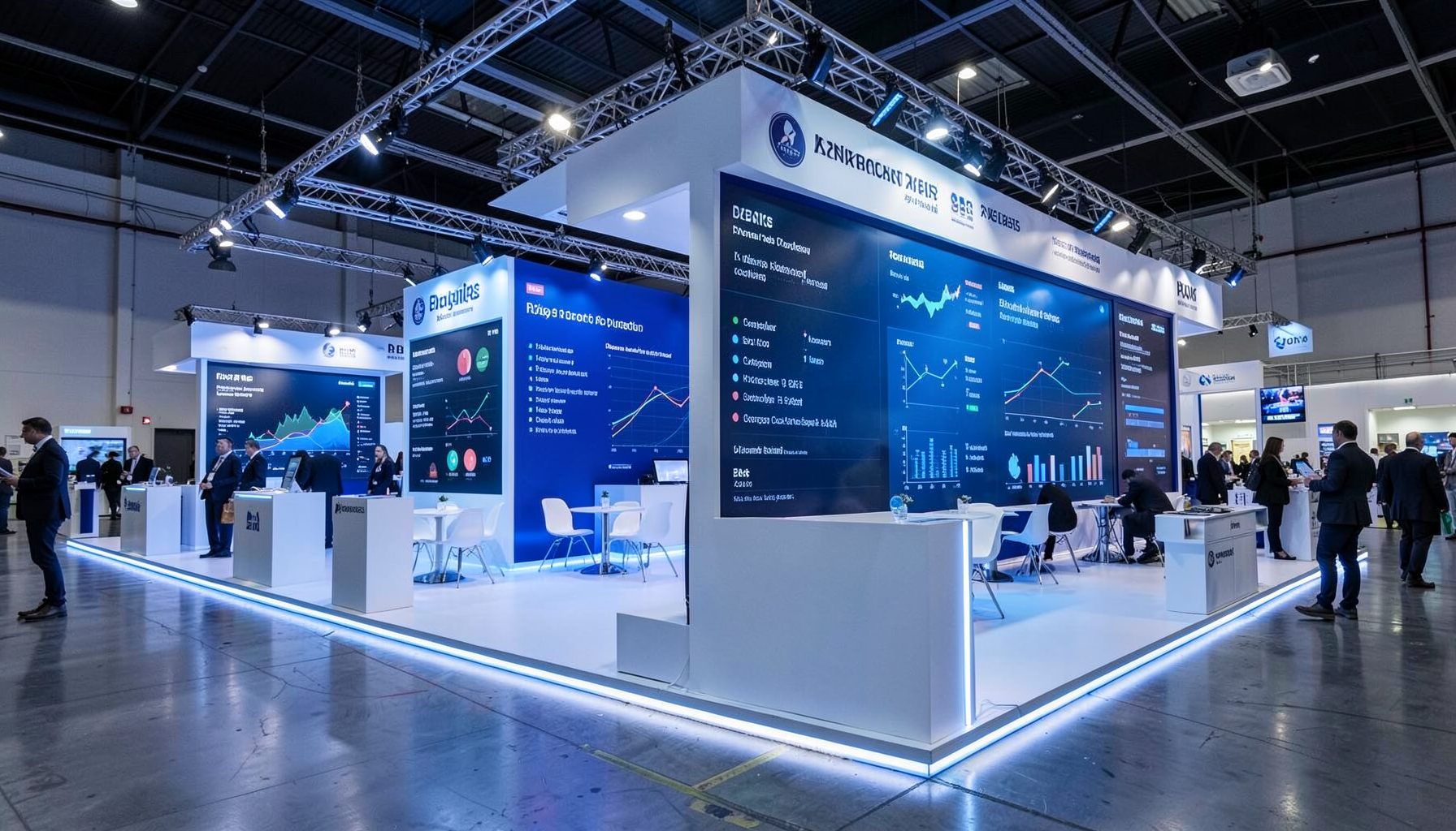 Trade show exhibition stand with large digital displays showing data visualisations, cool blue and white lighting in a modern convention hall