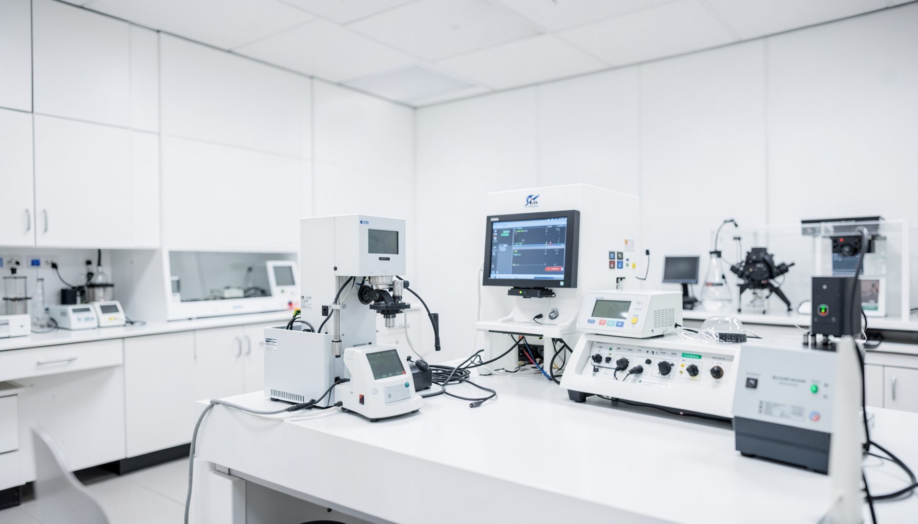 Research laboratory with clean white surfaces and digital measurement equipment, conveying applied scientific investigation