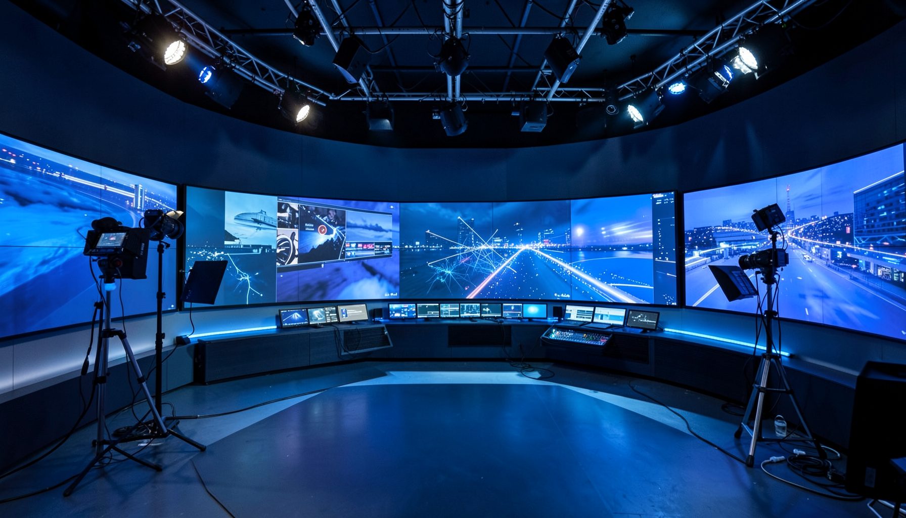 Modern broadcast studio interior with large screens and professional lighting rigs, cool blue tones