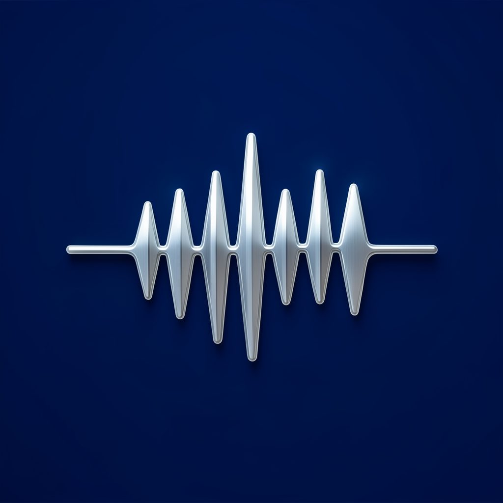 Abstract broadcast technology icon with layered waveform and playhead motifs in deep blue and silver