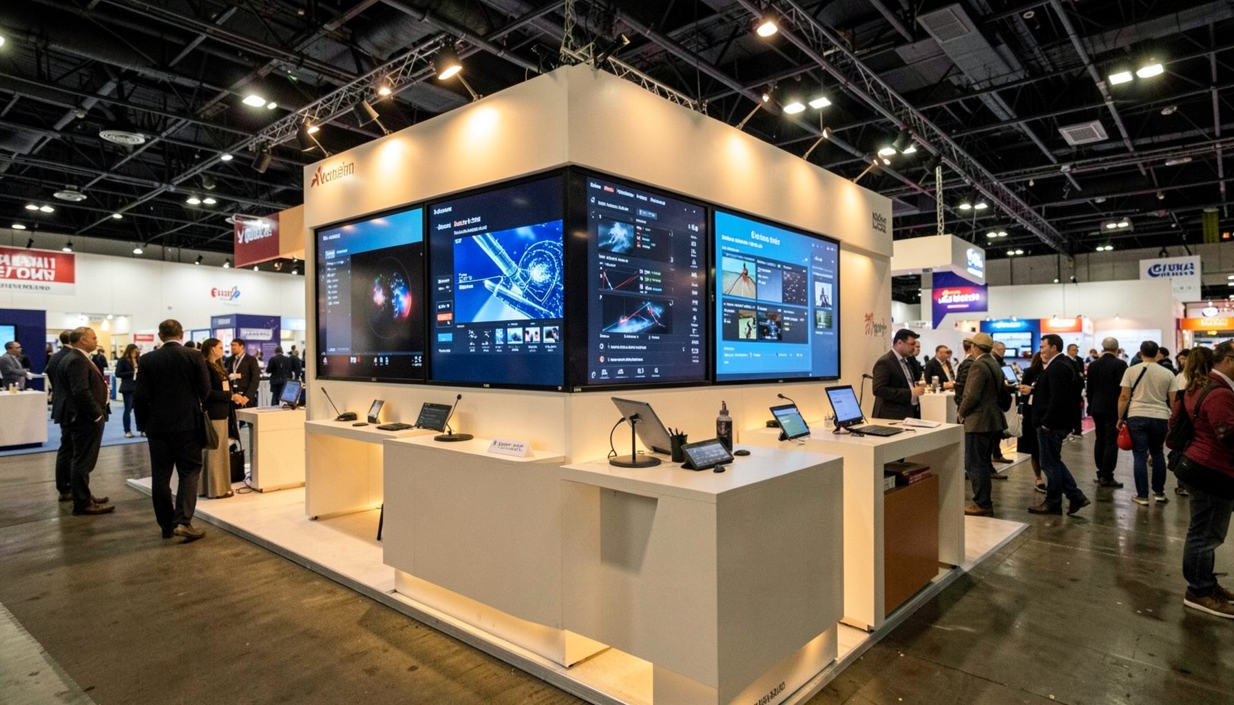 Conference exhibition booth with screens showing video analysis software, warm lighting and a busy trade show floor in the background