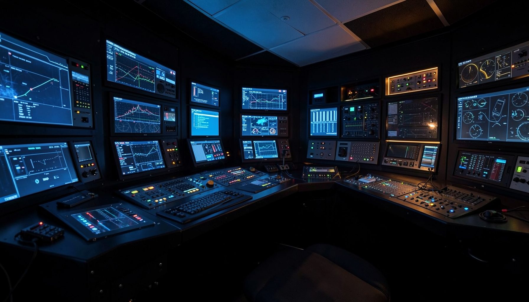 Dark broadcast control room with glowing equipment panels and monitor walls in blue and amber tones
