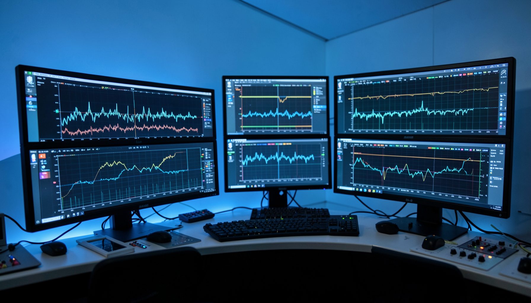 Broadcast control room with multiple monitors displaying video waveforms and timelines, lit by soft blue screen glow