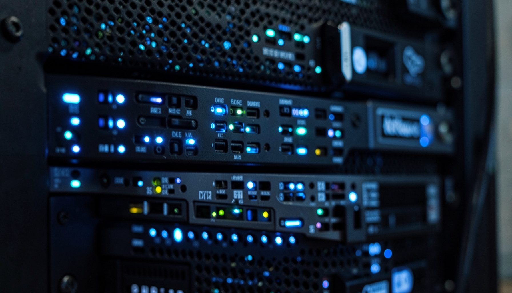 Close-up of server rack equipment with blinking indicator lights in cool blue tones, representing media processing infrastructure