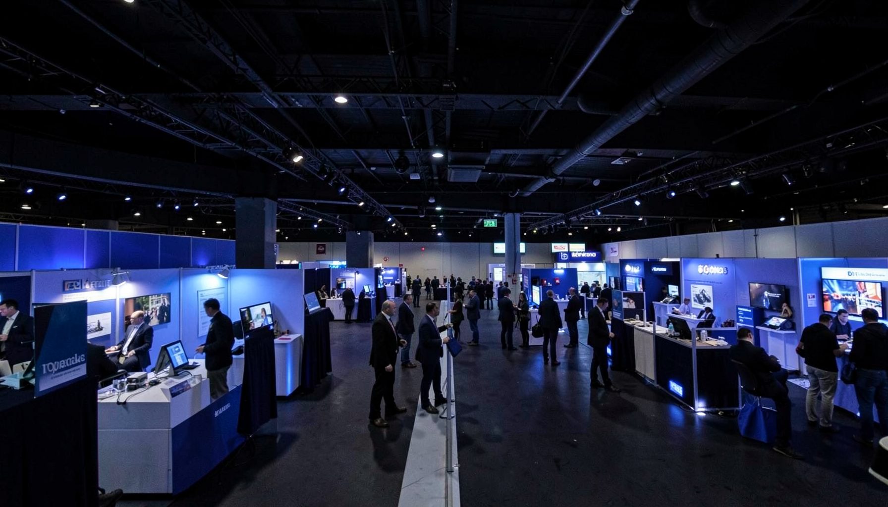 Dark conference exhibition hall with blue-lit booths and small crowd, conveying a trade-show atmosphere