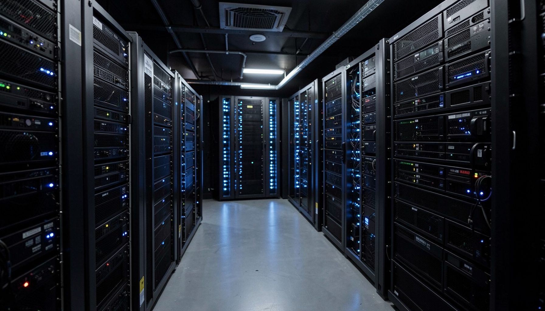 Dark server room with rows of rack-mounted equipment and glowing blue indicator lights, conveying high-performance computing infrastructure