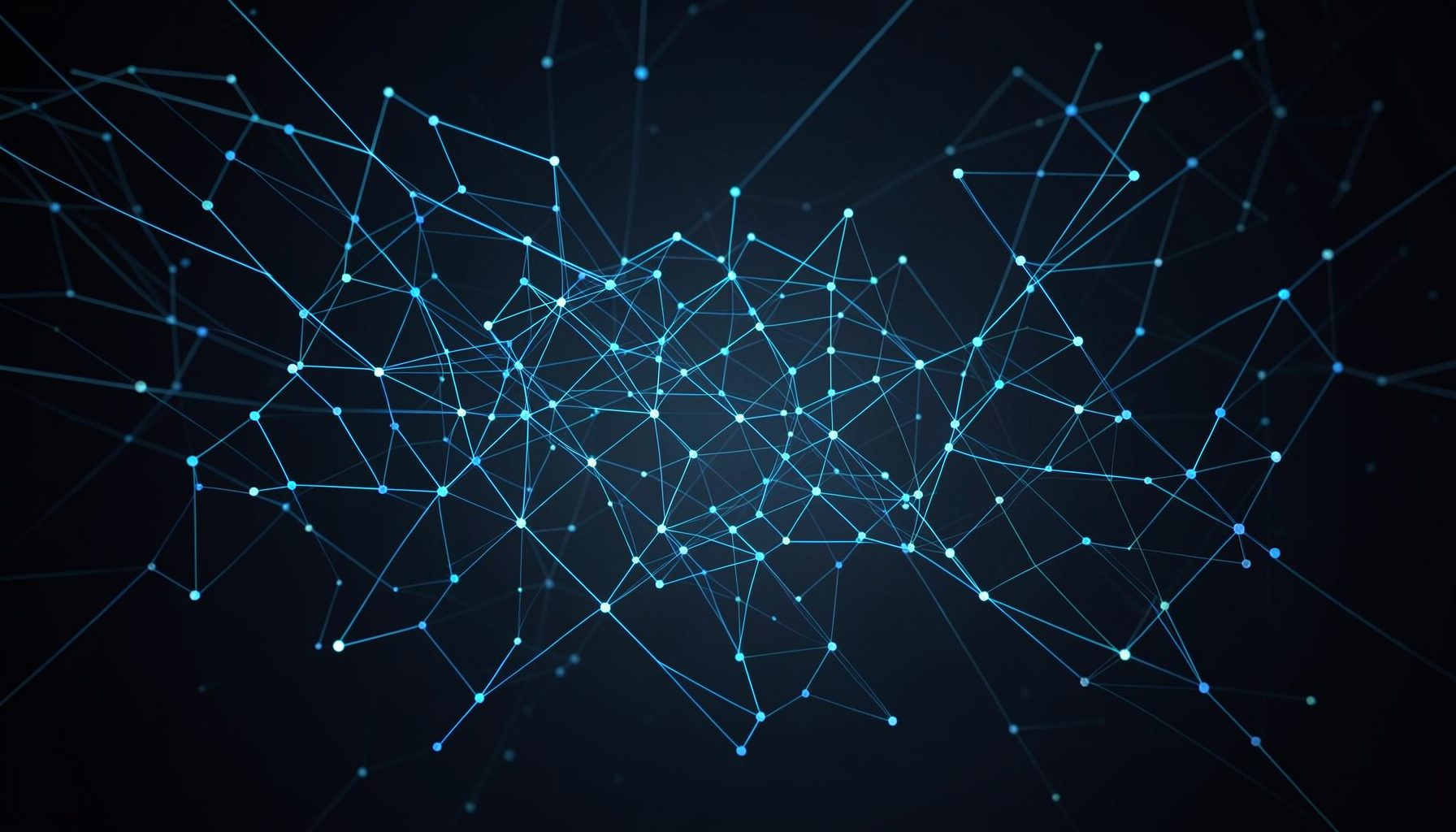 Abstract network of interconnected nodes and data streams on a dark gradient background, tech aesthetic