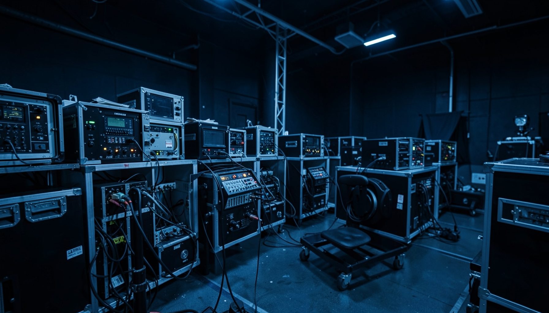 Rows of broadcast media equipment in a dark production facility, deep blue and charcoal tones conveying a technical, professional atmosphere