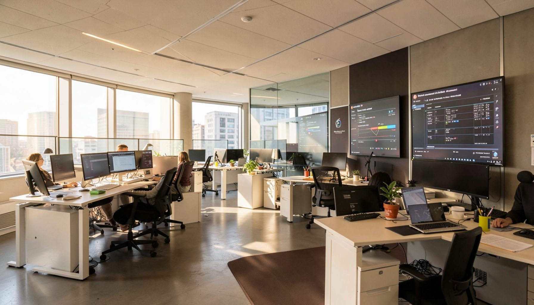 Modern open-plan office with desks and large screens, bathed in warm natural light, suggesting a professional media technology workplace