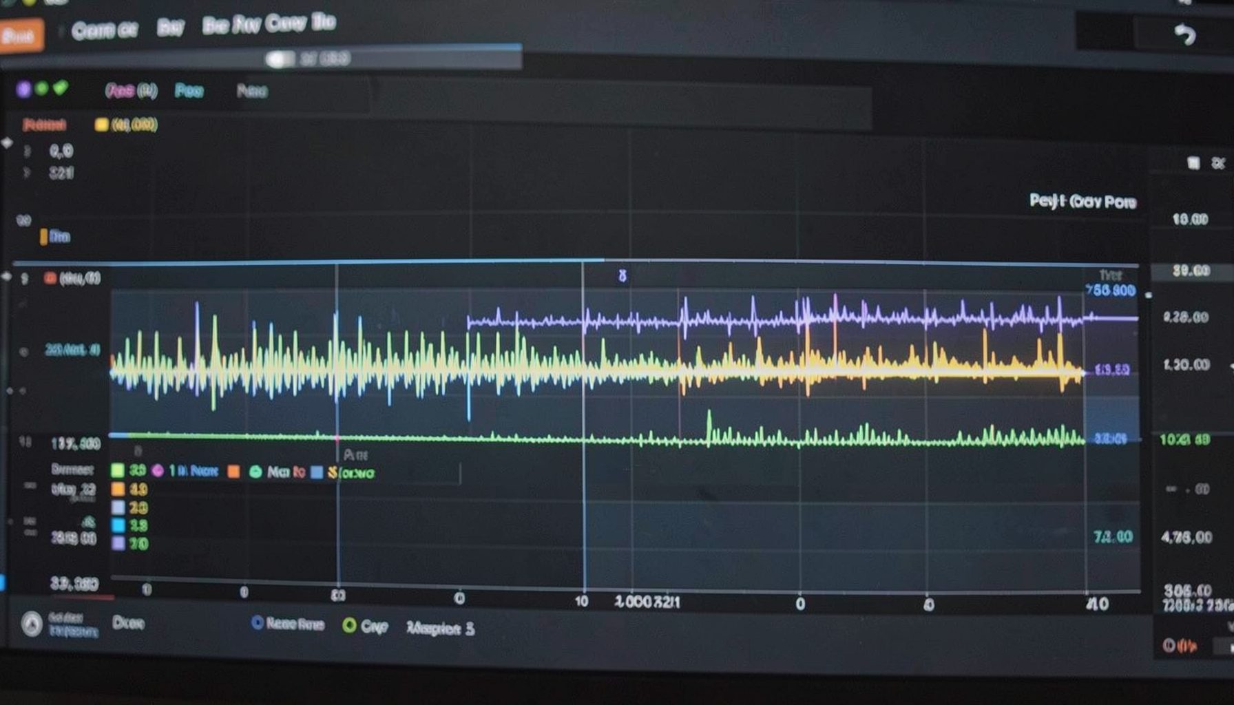 Close-up of a professional video editing timeline with waveform and metadata overlays, dark interface