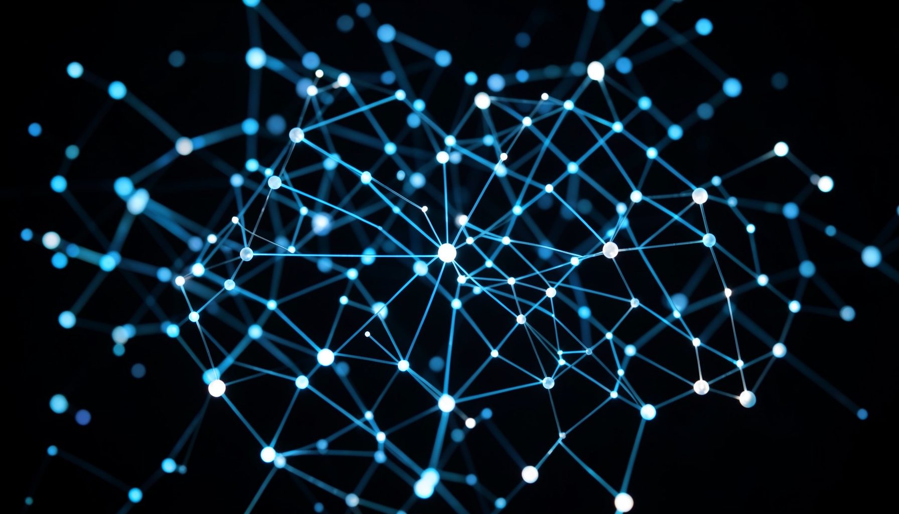 Abstract network of connected nodes glowing in blue and white against a dark background, suggesting technology collaboration