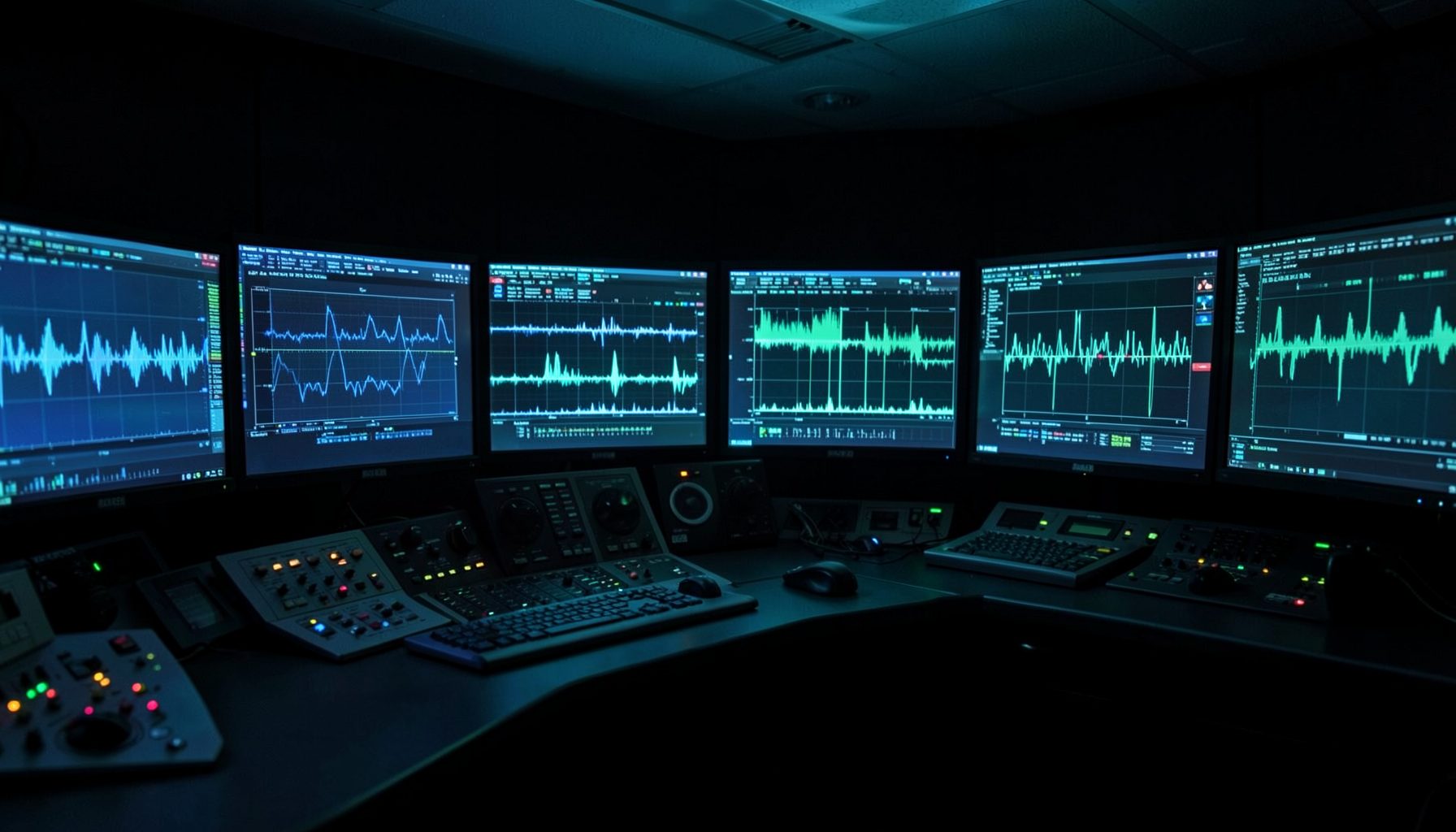 Dark broadcast control room with glowing monitor screens and waveform displays in blue and teal tones