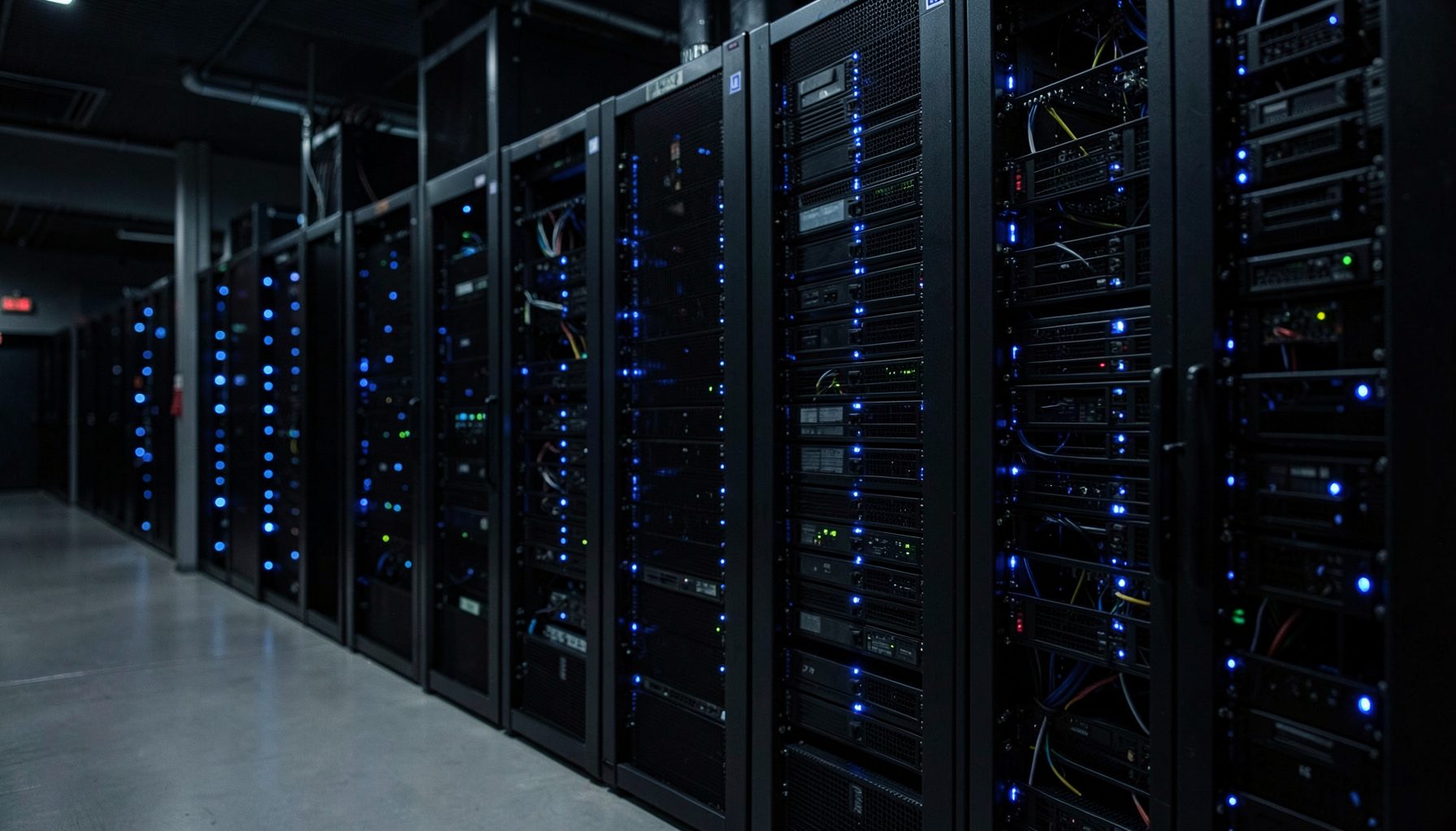 Rows of server racks in a dim data center with glowing blue indicator lights, conveying high-performance media processing infrastructure